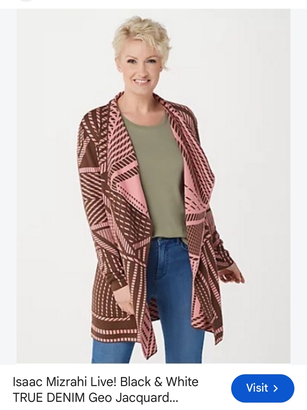 Isaac Mizrahi Pink and Brown Geometric Open-Front Cardigan | Size Large Fall